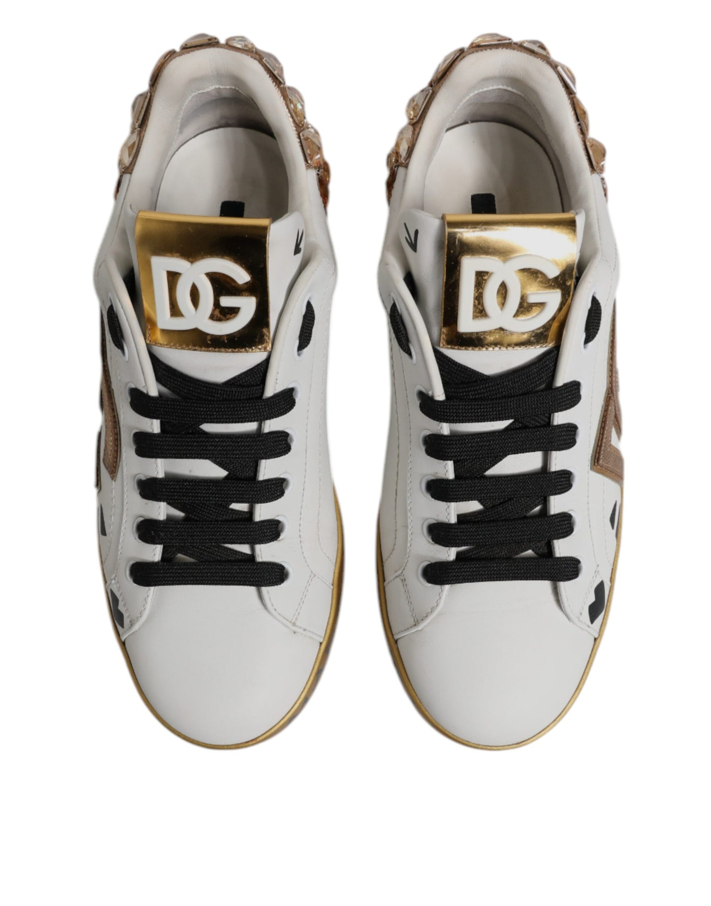 Dolce & Gabbana White Gold Crystal Logo Portofino Sneakers Shoes