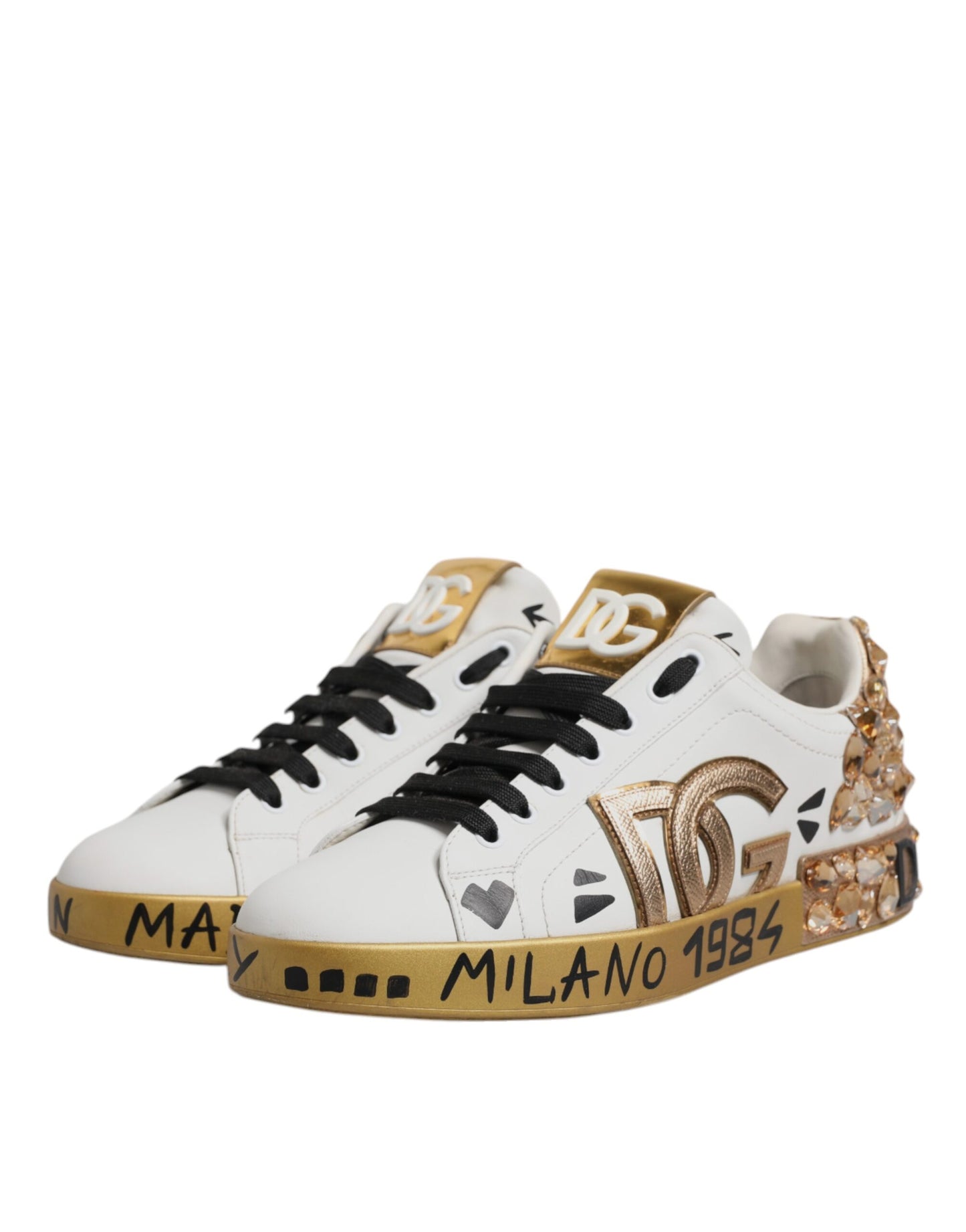 Dolce & Gabbana White Gold Crystal Logo Portofino Sneakers Shoes