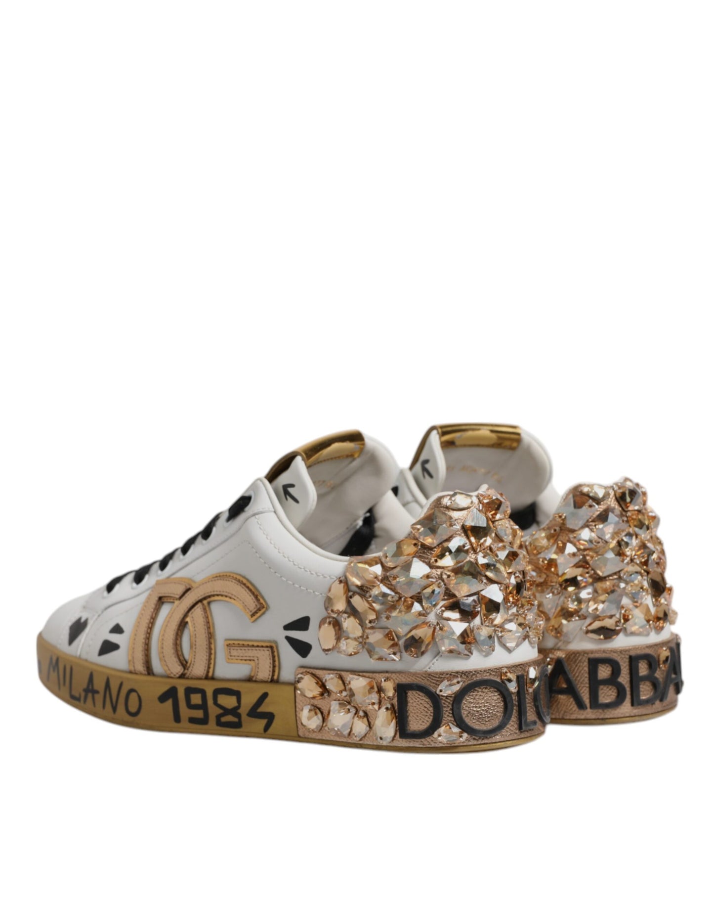 Dolce & Gabbana White Gold Crystal Logo Portofino Sneakers Shoes