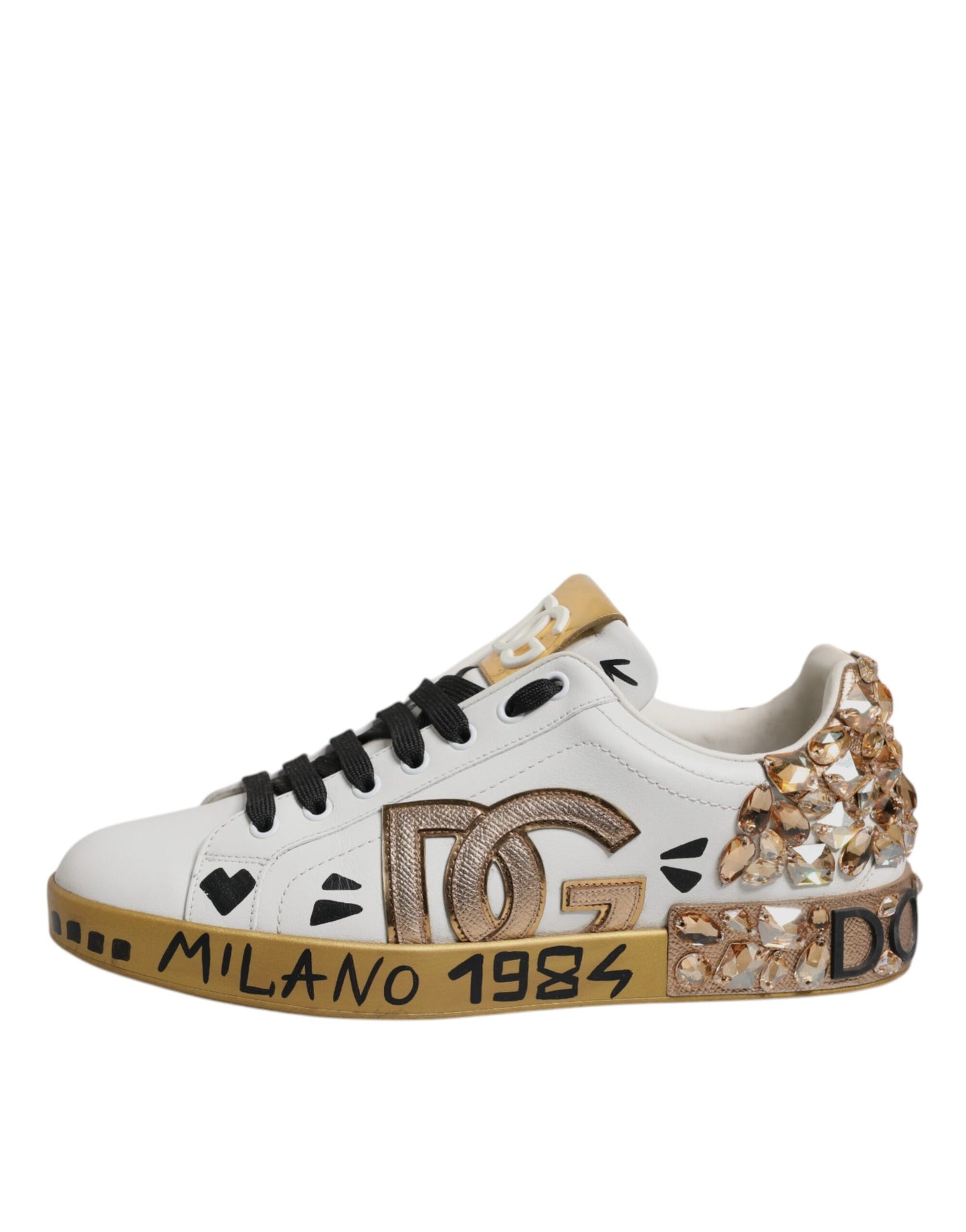 Dolce & Gabbana White Gold Crystal Logo Portofino Sneakers Shoes