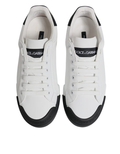 Dolce & Gabbana White Black Leather Low Top Sneakers Shoes