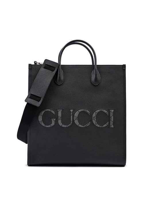 Черна кожена чанта с лого на Gucci средна големина